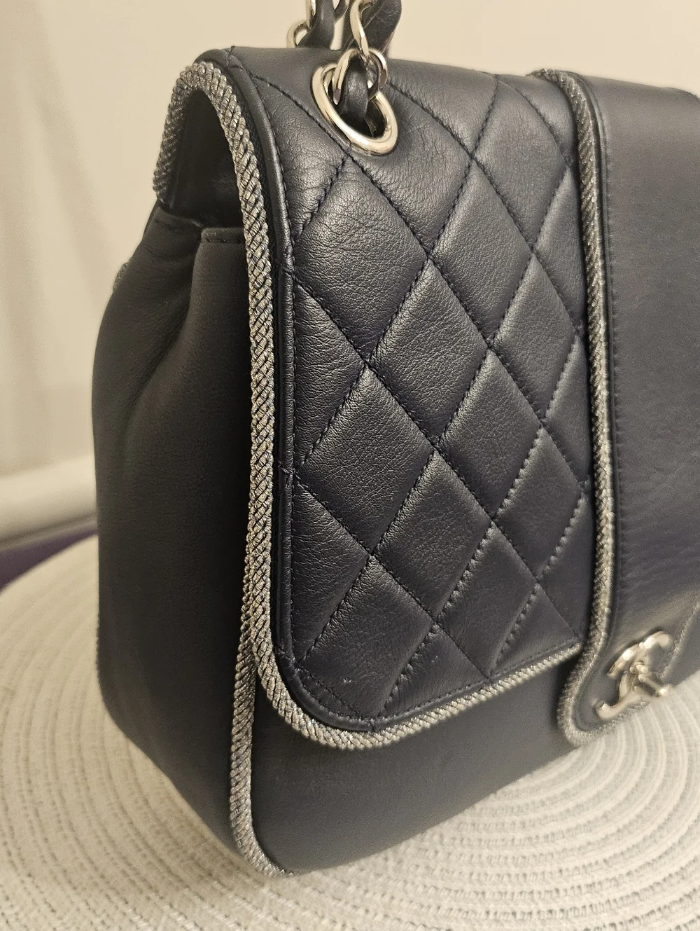 Chanel Navy Quilted Lambskin Flap Bag Silver Braided Trim Ruthenium Chain